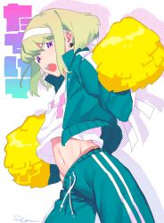 Rule 34 | 1boy, absurdres, androgynous, blush, cheering, cheerleader, earrings, green hair, highres, jewelry, lio fotia, looking at viewer, male focus, midriff, navel, open mouth, pom pom (cheerleading), promare, purple eyes, short hair, yagita (astronomie)