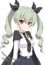 Rule 34 | 1girl, anchovy (girls und panzer), anzio school uniform, belt, belt buckle, black belt, black cape, black necktie, black ribbon, black skirt, breasts, buckle, cape, character name, closed mouth, collared shirt, dated, flipper, girls und panzer, green hair, hair between eyes, hair ribbon, happy birthday, looking at viewer, medium breasts, necktie, pleated skirt, red eyes, ribbon, ringlets, school uniform, shirt, simple background, skirt, smile, solo, twintails, white background, white shirt