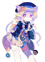 Rule 34 | 1girl, :o, animal ear fluff, animal ears, bead necklace, beads, braid, braided ponytail, bright pupils, cat ears, chinese clothes, claw pose, coin hair ornament, commentary, feet out of frame, genshin impact, hair ornament, hands up, hat, highres, jewelry, long sleeves, meto (metrin), necklace, ofuda, open mouth, parted lips, pink eyes, purple hair, purple hat, qingdai guanmao, qiqi (genshin impact), simple background, solo, symbol-only commentary, thighhighs, white background, white pupils, white thighhighs