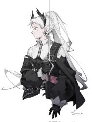Rule 34 | 1girl, ammunition belt, arknights, black dress, black gloves, character name, dongsheng, dress, earrings, gloves, grey eyes, grey hair, head wings, highres, holding, holding sword, holding weapon, irene (arknights), jewelry, long hair, long sleeves, multicolored clothes, multicolored dress, ponytail, profile, rapier, scar, scar across eye, simple background, solo, sword, very long hair, weapon, white background, white dress, wings