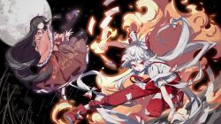 Rule 34 | 2girls, absurdres, aibivy, bamboo, black footwear, black hair, blouse, bow, branch, clenched hand, fire, flaming hand, frilled sleeves, frills, fujiwara no mokou, full moon, hair bow, highres, hime cut, houraisan kaguya, jeweled branch of hourai, long hair, looking at viewer, mary janes, moon, multi-tied hair, multiple girls, night, ofuda, open mouth, pants, pink shirt, red eyes, red footwear, red pants, red skirt, shirt, footwear bow, shoes, skirt, sky, sleeves past wrists, star (sky), starry sky, suspenders, torn clothes, torn sleeves, touhou, tsurime, very long hair, white hair, white legwear, white shirt, yellow eyes