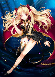 Rule 34 | 1girl, asymmetrical legwear, asymmetrical sleeves, bad id, bad pixiv id, between breasts, black dress, black leotard, black thighhighs, blonde hair, blue background, bow, breasts, buckle, cape, commentary request, darkless info, detached collar, dress, earrings, ereshkigal (fate), fate/grand order, fate (series), fur-trimmed cape, fur trim, gold trim, hoop earrings, jewelry, leotard, long hair, multicolored background, multicolored cape, multicolored clothes, necklace, open mouth, parted bangs, purple bow, red cape, red eyes, red ribbon, ribbon, single sleeve, single thighhigh, skull, smile, solo, thighhighs, tiara, two side up, uneven legwear, uneven sleeves, yellow cape