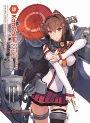 Rule 34 | 10s, 1girl, album cover, ammunition, anchor, armband, asymmetrical legwear, breasts, brown hair, cannon, collar, cover, detached sleeves, english text, flower, hair between eyes, hair flower, hair ornament, headgear, highres, hip vent, holster, kantai collection, large breasts, long hair, looking at viewer, miniskirt, official art, oil-paper umbrella, outstretched arm, ponytail, purple eyes, red skirt, shizuma yoshinori, simple background, single thighhigh, skirt, smile, solo, solo focus, standing, text focus, thigh holster, thigh strap, thighhighs, turret, umbrella, uneven legwear, very long hair, white background, yamato (kancolle)