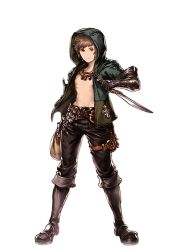 Rule 34 | 10s, 1boy, alpha transparency, boots, brown eyes, brown hair, full body, gauntlets, gran (granblue fantasy), granblue fantasy, hood, jacket, leather, leather boots, male focus, minaba hideo, official art, open clothes, open jacket, pants, sack, solo, thief (granblue fantasy), thigh strap, transparent background