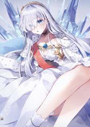 Rule 34 | 1girl, absurdres, anastasia (fate), blue eyes, breasts, cape, cleavage, commentary, dress, fate/grand order, fate (series), grey hair, hair over one eye, hairband, highres, ice, jewelry, long dress, long hair, medium breasts, misaki346, pendant, strapless, strapless dress, white dress