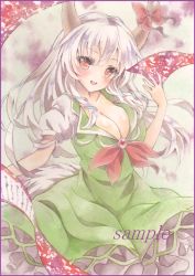 Rule 34 | 1girl, bad id, bad pixiv id, border, breasts, cleavage, colored pencil (medium), dress, ex-keine, gradient background, green dress, head tilt, horn ornament, horn ribbon, horns, kamishirasawa keine, large breasts, long hair, looking at viewer, marker (medium), open mouth, painting (medium), potto, potto (minntochan), puffy short sleeves, puffy sleeves, red eyes, ribbon, sample watermark, scroll, short sleeves, silver hair, solo, tail, touhou, traditional media, watercolor (medium), watermark