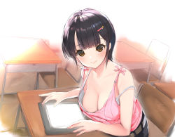 Rule 34 | 1girl, belt, black hair, black skirt, blush, bra, breasts, brown eyes, camisole, chair, cleavage, closed mouth, commentary request, desk, downblouse, large breasts, lips, long hair, looking at viewer, original, pink camisole, ribbed camisole, school chair, school desk, signature, sitting, skirt, solo, strap slip, tablet pc, underwear, white bra, yaegashi nan