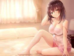 Rule 34 | 1girl, arm behind head, barefoot, bed, blush, breasts, brown eyes, brown hair, curtains, full body, highres, indoors, lamp, large breasts, looking at viewer, medium hair, official art, on bed, pillow, pink shirt, pink shorts, shirt, shorts, smile, solo, strap slip, sukemyon