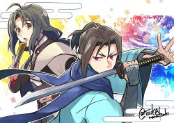 Rule 34 | 2boys, aged down, ahoge, aquaplus, blue scarf, brown eyes, gauntlets, hair between eyes, haku (utawarerumono), hand fan, highres, holding, holding fan, holding sword, holding weapon, katana, long hair, looking at viewer, looking to the side, medium hair, mole, mole under eye, monochrome mobius, multiple boys, nose, open mouth, pink eyes, pointy ears, ponytail, scarf, short sleeves, sidelocks, signature, sword, toukananatsuki, ukon (utawarerumono), utawarerumono, utawarerumono: itsuwari no kamen, weapon, wide sleeves