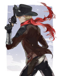 Rule 34 | 1boy, belt, billy the kid (fate), black gloves, black headwear, black pants, blonde hair, buckle, cowboy hat, cowboy shot, fate/grand order, fate (series), gloves, gun, handgun, hat, holding, holding gun, holding weapon, pants, pistol, red scarf, revolver, scarf, torn clothes, torn scarf, vambraces, weapon, white background, winter, yamakawatani