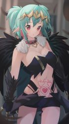 Rule 34 | 1girl, bare shoulders, black feathers, black wings, breasts, claws, cleavage, collar, commentary request, commission, feathered wings, feathers, green hair, harpy, highres, indie virtual youtuber, lincoro, medium breasts, monster girl, parted lips, pointy ears, pubic tattoo, red eyes, short hair, short shorts, short twintails, shorts, skeb commission, solo, stomach tattoo, tattoo, tiara, tissuebox (artist), twintails, underboob, virtual youtuber, wings