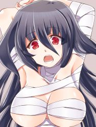 Rule 34 | 10s, 1girl, armpits, arms up, bandaged arm, bandages, bandages around chest, black hair, breasts, brown background, buta (dhakaoat), eyes visible through hair, fang, hair between eyes, head tilt, highres, large breasts, long hair, looking at viewer, naked bandage, open mouth, red eyes, solo, upper body, yamada tae, zombie, zombie land saga