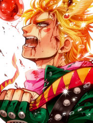 Rule 34 | 1boy, battle tendency, blonde hair, blood, blood on face, bubble, caesar anthonio zeppeli, facial mark, feather hair ornament, feathers, fingerless gloves, gloves, green eyes, green jacket, feather hair ornament, hair ornament, unworn headwear, injury, jacket, jewelry, jojo no kimyou na bouken, male focus, open mouth, p-geist2, ribbon, ring, scarf, shouting, solo, spoilers, tears