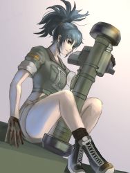 Rule 34 | 1girl, blue eyes, blue hair, boots, combat boots, earrings, fgm-148 javelin, gloves, green jacket, green shorts, highres, holding, holding weapon, jacket, jewelry, legs, leona heidern, looking at viewer, man-portable anti-tank systems, meke (77842928), missile launcher, ponytail, rocket launcher, short sleeves, shorts, sitting, snk, solo, the king of fighters, triangle earrings, weapon