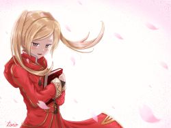 Rule 34 | 1girl, artist name, blonde hair, blush, book, hugging book, brown eyes, fire emblem, fire emblem awakening, half-closed eyes, highres, holding, holding book, hood, hood down, long hair, long sleeves, looking at viewer, nintendo, hugging object, open mouth, parted bangs, petals, red hood, robe, robin (female) (fire emblem), robin (fire emblem), solo, taro (peach taro51), twintails