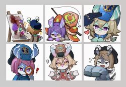 Rule 34 | !, &gt; &lt;, 6+girls, :&gt;, animal ears, aqua bow, aqua bowtie, arm up, ball octopus (genshin impact), beret, black headwear, blue coat, blue headwear, bow, bowtie, bright pupils, brown eyes, brown hair, brown shirt, buttons, canvas (object), closed mouth, coat, commentary request, crossed bangs, crying, easel, elphane (genshin impact), facing away, fang, fishing rod, flying sweatdrops, from behind, genshin impact, grey background, hair between eyes, hand up, hands up, hat, headpat, heart, highres, holding, holding fishing rod, holding magnifying glass, holding paintbrush, iara (genshin impact), kuromu shado, long sleeves, lying, magnifying glass, mamere (genshin impact), melusine (genshin impact), muirne (genshin impact), multiple girls, octopus, on stomach, open clothes, open coat, open mouth, orange eyes, paint on clothes, paint splatter, paintbrush, painting (object), parted bangs, peaked cap, pink coat, pink hair, pink headwear, purple eyes, purple hair, sedene (genshin impact), sedile (genshin impact), shirt, short hair, shrugging, simple background, sleeves past fingers, sleeves past wrists, smile, sparkle, sweat, swept bangs, tail, white background, white pupils