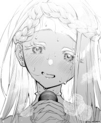 Rule 34 | 1girl, blush, braid, braided bangs, breath, commentary request, ear blush, earrings, eyelashes, gakuen idolmaster, greyscale, head tilt, highres, holding, holding microphone, ichiji (loce and peave), idolmaster, jewelry, long hair, looking at viewer, microphone, monochrome, portrait, shinosawa hiro, simple background, smile, solo, stud earrings, sweat, twitter username