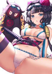 Rule 34 | 1girl, animal, ass, bare shoulders, beads, bikini, blue eyes, blush, breasts, cleavage, fate/grand order, fate (series), floral print, flower, goggles, goggles on head, hair flower, hair ornament, highres, katana, katsushika hokusai (fate), katsushika hokusai (swimsuit saber) (fate), leaning back, looking at viewer, medium breasts, navel, obi, octopus, open mouth, purple hair, saruei, sash, short hair with long locks, simple background, spread legs, swimsuit, sword, thigh strap, thighs, tokitarou (fate), weapon, white background, white bikini