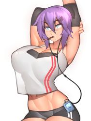 Rule 34 | 1girl, absurdres, arms up, blue eyes, breasts, cable divider, cleavage, commentary, covered erect nipples, crop top, crop top overhang, earphones, english commentary, food, food in mouth, hair between eyes, hair ornament, hairclip, highres, huge breasts, maya (roadi3), midriff, original, pocky, purple hair, roadi3, scar, scar on face, scar on nose, short hair, shorts, simple background, solo, sports bra, standing, white background