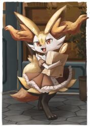 Rule 34 | 1girl, :3, animal ear fluff, animal ears, animal feet, animal hands, animal nose, artist name, bag, baguette, bare shoulders, barefoot, black fur, body fur, border, braixen, bread, buttons, clothed pokemon, collared dress, creatures (company), day, door, dress, fang, feet, female focus, food, fox ears, fox girl, fox tail, frilled dress, frills, full body, furry, furry female, game freak, gen 6 pokemon, hand up, happy, highres, holding, holding bag, ikei, looking at viewer, multicolored fur, neck fur, nintendo, off-shoulder dress, off shoulder, open mouth, outdoors, outside border, paper bag, plant, pokemon, pokemon (creature), potted plant, puffy short sleeves, puffy sleeves, red dress, red eyes, shopping bag, short dress, short sleeves, signature, skin fang, smile, snout, solo, standing, stick, tail, tongue, white border, white fur, yellow fur