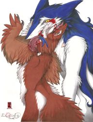 Rule 34 | animal ears, biting, blood, closed eyes, fangs, furry, long tongue, multicolored hair, open mouth, rain silves, scar, seppastrid, sergal, simple background, tongue, tongue out, yellow eyes
