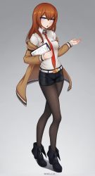 Rule 34 | 1girl, :o, absurdres, artist name, belt, black pantyhose, black shorts, blue eyes, blush, boots, breasts, brown hair, brown jacket, commentary, commission, contrapposto, full body, gradient background, grey background, highres, holding, holding notepad, jacket, pantyhose under shorts, long hair, long sleeves, looking at viewer, makise kurisu, medium breasts, necktie, notepad, off shoulder, open mouth, pantyhose, red necktie, shellvi, shirt, short shorts, shorts, solo, standing, steins;gate, white shirt