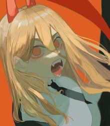 Rule 34 | + +, 1girl, absurdres, blonde hair, breasts, chainsaw man, collared shirt, cross-shaped pupils, demon girl, demon horns, hair between eyes, highres, horns, jacket, kirkirkoe, long hair, medium breasts, necktie, open mouth, power (chainsaw man), red background, red eyes, red horns, sharp teeth, shirt, sickle, solo, symbol-shaped pupils, teeth, white shirt
