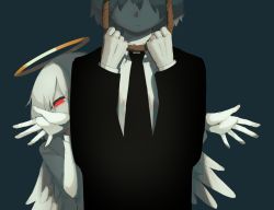 Rule 34 | 1boy, 1other, angel, avogado6, black jacket, black neckwear, blue background, closed mouth, collared shirt, commentary request, facing viewer, grey hair, halo, imminent suicide, jacket, long sleeves, looking at viewer, necktie, noose, original, red eyes, shirt, simple background, smile, suicide, white hair, white shirt, white wings, wing collar, wings