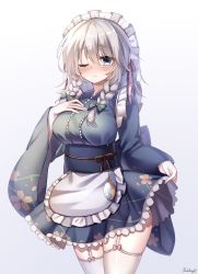 Rule 34 | 1girl, absurdres, alternate costume, apron, artist name, bad id, bad pixiv id, blue eyes, blue kimono, blue sash, blush, bow, braid, breasts, commentary, cowboy shot, floral print, frilled apron, frills, garter straps, gradient background, green bow, grey background, hair between eyes, hair bow, hair ribbon, hand on own chest, highres, izayoi sakuya, japanese clothes, kimono, large breasts, long hair, long sleeves, looking at viewer, maid, maid headdress, nose blush, obi, one eye closed, pocket watch, pudding (skymint 028), red ribbon, ribbon, sash, short kimono, signature, silver hair, solo, standing, thighhighs, thighs, touhou, twin braids, wa maid, waist apron, watch, white apron, white background, white thighhighs, wide sleeves, zettai ryouiki