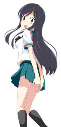 Rule 34 | 1girl, :o, a channel, arms behind back, black hair, black socks, blush, brown eyes, covering privates, covering ass, embarrassed, kneehighs, long hair, looking back, nishi yuuko, open mouth, pleated skirt, school uniform, serafuku, simple background, skirt, socks, solo, takayaki, white background