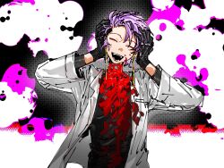 Rule 34 | 1boy, black gloves, black shirt, blood, blood on clothes, chinese commentary, closed eyes, commentary request, decapitation, disembodied head, earrings, facing viewer, fangs, gloves, highres, jewelry, kafei067, lab coat, long sleeves, male focus, open clothes, open mouth, purple hair, saibou shinkyoku, shirt, short hair, smile, solo, theodore riddle, upper body