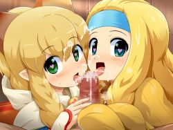 Rule 34 | 2girls, animal ears, blonde hair, blue eyes, blush, breasts, capcom, censored, character request, crafting shop daughter (monster hunter), cum, cum on hair, facial, green eyes, headband, heart, heart-shaped pupils, highres, hood, konpeto, licking, monster hunter (series), multiple girls, nervous, penis, pointy ears, sweat, symbol-shaped pupils