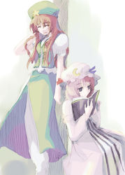 Rule 34 | 2girls, arm behind head, blue eyes, book, bow, braid, china dress, chinese clothes, crescent, dress, closed eyes, female focus, hair bow, hat, hong meiling, long hair, multiple girls, night clothes, open book, patchouli knowledge, purple hair, reading, red hair, sitting, star (symbol), takanashi akihito, embodiment of scarlet devil, touhou, twin braids