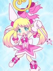 Rule 34 | 1girl, :o, blonde hair, blue eyes, blush stickers, boots, bow, clothing cutout, collared shirt, commentary request, copyright request, gloves, hair bow, hair ornament, heart, high heel boots, high heels, highres, holding, holding wand, lasto, magical girl, navel, navel cutout, open mouth, outstretched arm, pink bow, pink shirt, pink skirt, purple bow, shirt, skirt, sleeveless, sleeveless shirt, solo, twintails, wand, white footwear, white gloves