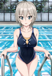 Rule 34 | 1girl, anastasia (idolmaster), black one-piece swimsuit, blue eyes, breasts, collarbone, commentary request, competition swimsuit, cowboy shot, idolmaster, idolmaster cinderella girls, indoors, inoshira, looking at viewer, medium breasts, one-piece swimsuit, open mouth, pool, pool ladder, short hair, silver hair, solo, swimsuit, thigh gap, tree, twitter username