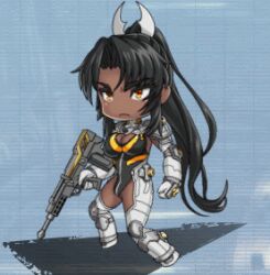 Rule 34 | 1girl, animated, animated gif, armored leotard, bouncing breasts, breasts, chibi, cleavage cutout, clothing cutout, dark-skinned female, dark skin, full body, gauntlets, gun, holding, holding weapon, leotard, lilith-soft, lowres, medium breasts, mirabell bell, rifle, serious, taimanin (series), taimanin rpgx, thick thighs, thighs, weapon