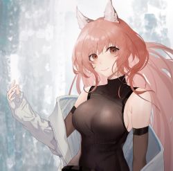 Rule 34 | 1girl, animal ears, bare shoulders, breasts, brown eyes, brown hair, commentary, girls&#039; frontline, girls&#039; frontline neural cloud, jacket, large breasts, long hair, long sleeves, looking at viewer, mutianliaonaicha, off shoulder, open clothes, open jacket, persica (girls&#039; frontline), sleeveless, sleeveless turtleneck, smile, solo, turtleneck, upper body, white jacket