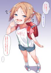 Rule 34 | 1girl, :d, backpack, bag, blue eyes, blue shorts, blush, breasts, brown hair, child, clothes writing, collarbone, commentary request, full body, gradient background, hair bobbles, hair ornament, hand to own mouth, hand up, highres, konnyaku (kk-monmon), looking at viewer, open mouth, original, parted bangs, pink footwear, purple background, raglan sleeves, randoseru, ribbed legwear, romaji text, shadow, shirt, shoes, short shorts, short sleeves, shorts, side ponytail, small breasts, smile, socks, solo, standing, suspender shorts, suspenders, teeth, translated, upper teeth only, white background, white shirt, white socks