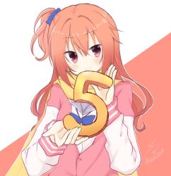 Rule 34 | 1girl, anniversary, blue bow, blue scrunchie, blush, bow, closed mouth, commentary request, hair between eyes, hair ornament, hair scrunchie, hands up, highres, inaba meguru, jacket, letterman jacket, long hair, looking at viewer, one side up, orange background, orange hair, pink jacket, red eyes, sanoba witch, scarf, school uniform, scrunchie, signature, simple background, smile, solo, twitter username, two-tone background, upper body, usetsusakon2, wavy hair, white background, white sleeves, yellow scarf