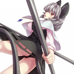 Rule 34 | 1girl, animal ears, ass, black panties, blush, dowsing rod, female focus, from below, grey hair, jewelry, looking back, md5 mismatch, mouse ears, mouse tail, nazrin, open mouth, panties, pantyshot, pendant, red eyes, resolution mismatch, short hair, simple background, solo, source larger, tail, touhou, tro, underwear, upskirt