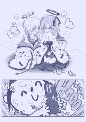 Rule 34 | 2girls, aged down, blue archive, blush, cellphone, covering own mouth, doodle sensei (blue archive), greyscale, highres, holding, holding phone, monochrome, multiple girls, noa (blue archive), oversized clothes, pekenpon, phone, sensei (blue archive), smartphone, smoke, taking picture, yuuka (blue archive)