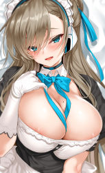 Rule 34 | 1girl, areola slip, asuna (blue archive), blue archive, blue eyes, blue neckwear, blue ribbon, breasts, brown hair, cle masahiro, cleavage, gloves, hair between eyes, hair over one eye, hair ribbon, highres, large breasts, long hair, looking at viewer, maid, maid headdress, mole, mole on breast, open mouth, puffy short sleeves, puffy sleeves, ribbon, short sleeves, solo, upper body, white gloves