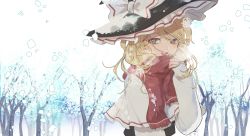 Rule 34 | 1girl, blonde hair, bow, hat, hat bow, highres, kerok (joniko1110), kirisame marisa, long sleeves, messy hair, open mouth, outdoors, red scarf, scarf, snow, snowing, solo, touhou, upper body, winter, witch hat, yellow eyes