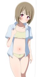Rule 34 | 1girl, blue shirt, blush, bob cut, bow, bow panties, bra, breasts, brown hair, closed mouth, collared shirt, commentary, cowboy shot, frown, goa1126, highres, looking at viewer, love live!, love live! nijigasaki high school idol club, nakasu kasumi, navel, open clothes, open shirt, panties, red eyes, shirt, short hair, short sleeves, simple background, small breasts, solo, standing, thigh gap, training bra, underwear, white background, wing collar, yellow bra, yellow panties