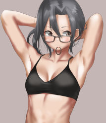 Rule 34 | 1girl, amagiri (kancolle), armpits, black bra, bra, breasts, glasses, grey background, grey eyes, grey hair, hair between eyes, highres, kantai collection, looking at viewer, ponytail, simple background, small breasts, solo, tama (tamago), underwear