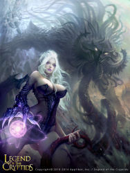 Rule 34 | 1girl, bare shoulders, bat wings, bodysuit, breasts, cleavage, copyright name, gloves, highres, horns, large breasts, legend of the cryptids, lipstick, long hair, magic circle, makeup, monster, official art, purple eyes, rock, single glove, solo, tentacles, white hair, wings