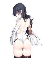Rule 34 | 1girl, absurdres, arm at side, armpit peek, ass, bare shoulders, black hair, blush, bow, chinese clothes, chinese text, choker, dress, from behind, girls&#039; frontline, hair between eyes, hair ornament, hair over shoulder, half-closed eyes, hand fan, highres, holding, holding fan, lace, lace-trimmed legwear, lace choker, lace trim, long hair, long sleeves, looking at viewer, looking back, mgim2285, panties, parted lips, ribbon, shiny skin, shoulder blades, side-tie panties, sidelocks, simple background, skindentation, solo, thighhighs, thighs, torn clothes, type 95 (girls&#039; frontline), underwear, white background, white bow, white dress, white panties, white ribbon, wide sleeves