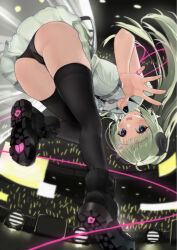 Rule 34 | 1girl, ahoge, alternate hair color, animal ears, ass, bent over, black footwear, black panties, black thighhighs, concert, curled horns, dress, from below, green hair, hashtag-only commentary, highres, hololive, horns, long hair, mochiyuki (gigfor1), official alternate costume, official alternate hairstyle, overskirt, panties, ponytail, see-through skirt layer, sheep ears, sheep girl, sheep horns, stage, standing, standing on one leg, string, string of fate, thighhighs, thighs, tsunomaki watame, tsunomaki watame (watame night fever!!), underwear, very long hair, virtual youtuber, white dress