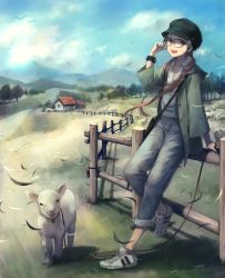 Rule 34 | 1girl, animal, baicha oqqa, bird, brown hair, cabbie hat, cloud, commentary request, day, denim, farm, fence, flower, glasses, grass, green headwear, green jacket, hair flower, hair ornament, hat, highres, jacket, lamb, leaning back, leash, long hair, mountain, open mouth, original, outdoors, overalls, red-framed eyewear, sheep, shirt, shoes, sky, sneakers, tree, watch, white footwear, white shirt, wristwatch
