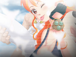 Rule 34 | 1boy, 2girls, breasts, rabbit, carrot (one piece), cleavage, large breasts, long hair, multiple girls, nami (one piece), nude, one piece, orange hair, smile, tail, tattoo